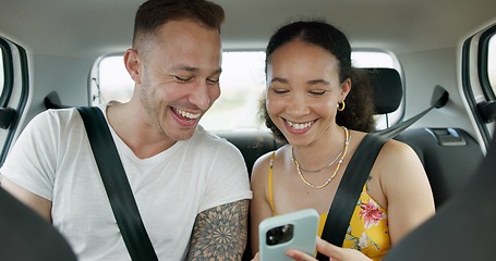 Image showing Couple of friends, phone and car for road trip information, location search and social media. Happy man and woman on mobile app talking of travel, holiday and transportation service with funny chat