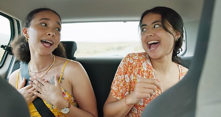 Image showing Woman, friends and singing on road trip, car and dancing with smile, sound and radio on holiday. Girl, dancer and happy with singalong, karaoke and carpool with driving, noise and listening to music