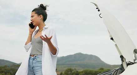 Image showing Frustrated woman, phone call and car trouble for problem solving, communication or road side assistance. Female person talking to mechanical engineer on sidewalk with vehicle breakdown in countryside