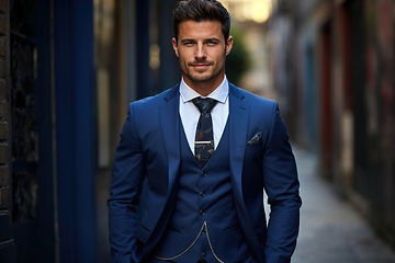 Image showing Confident Businessman in Stylish Blue Suit on City Street