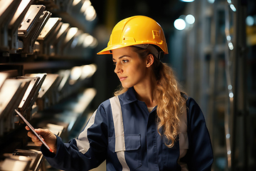 Image showing Confident Female Engineer Inspecting Machinery at Work