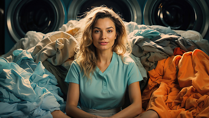 Image showing Woman Sitting Amidst Colorful Laundry at Laundromat