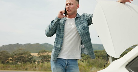 Image showing Frustrated man, phone call and car trouble for problem solving, communication or road side assistance. Male person talking to mechanical engineer on sidewalk for vehicle breakdown in countryside