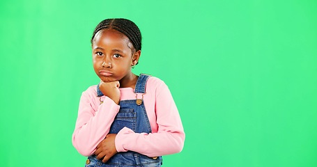 Image showing Girl, child and attitude in portrait by green screen with space, promotion or pout lips with fashion. African kid, angry and frustrated with emotion, chromakey or annoyed in mockup for trendy clothes