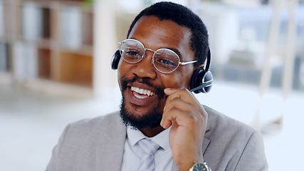 Image showing Call center, customer service and happy black man consultant in office for online business with headset. Contact us, crm and worker for communication, technical support and telemarketing in workplace