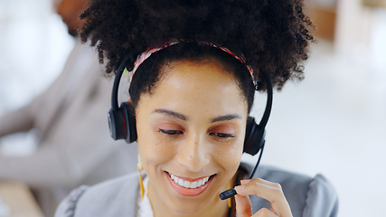 Image showing Happy woman, call center and consultant with headphones for online advice or help at office. Face of female person, agent or consulting in customer service, contact us or CRM for technical support