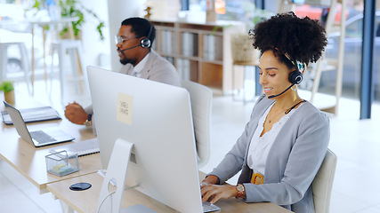 Image showing Business people, consultant and call center with headphones for customer service at office. Man or woman in consulting agency on computer for telemarketing, online advice or tech support at workplace