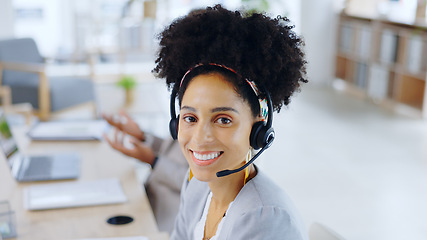 Image showing Call center, smile and portrait of woman in office for customer service, support or help desk. Contact us, crm and face of happy consultant, professional or African agent telemarketing with headset