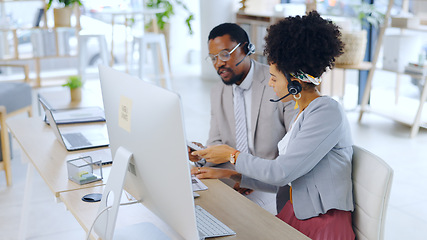 Image showing Business people, consultant and call center with documents, headphones or policy at office. Businessman or woman working together in agency with paperwork for online advice or legal help at workplace