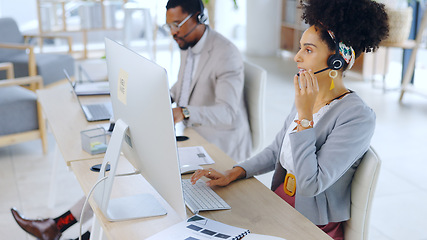 Image showing Business woman, consultant and call center with headphones for customer service at office. Female person or agent consulting on computer for telemarketing sales, online advice or support at workplace