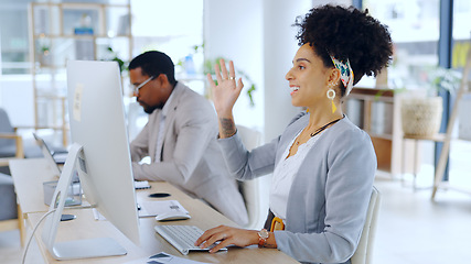 Image showing Business woman, video call and wave at computer in office for meeting, webinar or communication. African professional, smile and hello in online conference, welcome or agent greeting in zoom chat