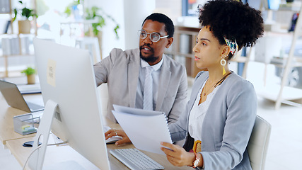 Image showing Teamwork, reading and business people by document by pc and together for brainstorming on developer project. Technology, man and woman by desktop for online research and collaboration on website