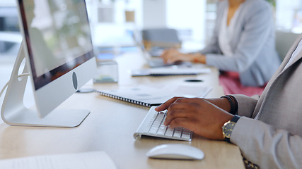 Image showing Hands, typing or business people by computer in modern office or online research on internet for webdesign project. Developer, writing or keyboard by pc for coding, seo or working on company website