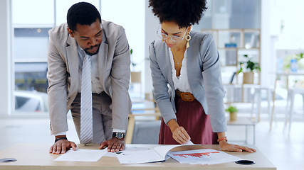 Image showing Discussion, documents and business people in office with statistics report, feedback and finance review. Teamwork, collaboration and man and woman with paperwork, chart and consulting in workplace