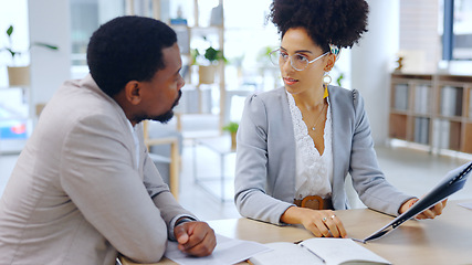 Image showing Meeting, discussion and business people in office with documents for project, review and finance report. Teamwork, collaboration and man and woman with paperwork, feedback and consulting in workplace