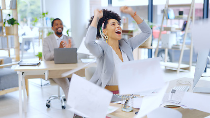 Image showing Happy woman, business and documents in air for celebration, success or done with work at office. Excited female person or accountant with fist pump and finished paperwork for winning at workplace