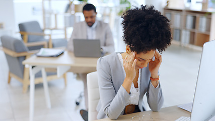 Image showing Frustrated woman, headache and stress with depression at office in burnout, anxiety or mental health. Female person or young employee with migraine, strain or pressure in fatigue or pain at workplace