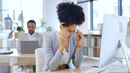 Image showing Woman, headache and stress with computer at office in burnout, anxiety or mental health by desk. Frustrated female person or employee with migraine, strain or pressure in fatigue or pain at workplace