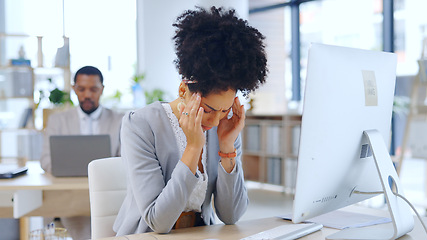 Image showing Frustrated woman, headache and stress with anxiety at office in burnout, depression or mental health. Female person or young employee with migraine, strain or pressure in fatigue or pain at workplace