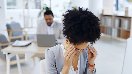 Image showing Woman, headache and stress with anxiety at office in burnout, depression or mental health. Frustrated female person or young employee with migraine, strain or pressure in fatigue or pain at workplace