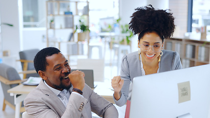 Image showing Happy, business people and fist pump with computer at office for teamwork, success or achievement. Excited man and woman employee or colleagues with smile for winning, promotion or deal at workplace