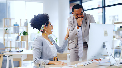 Image showing Excited business people, shock or teamwork on computer for winning bonus or goal success in office. Happy manager, wow or employee reading surprise news, social media post or article in collaboration