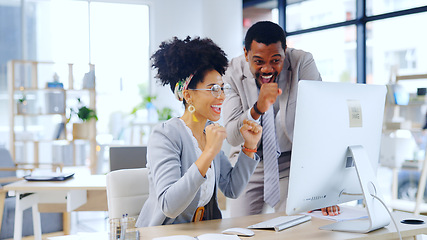 Image showing Excited business people, winning or teamwork on computer for bonus success, deal or goal in office. Happy manager, wow or employee reading surprise news, social media post or article in collaboration