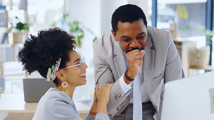 Image showing Business people, excited or teamwork on computer for surprise, winning bonus or goal success in office. Happy manager, wow and employee reading news, social media post or article in collaboration