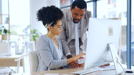 Image showing Discussion, paperwork or business people with training feedback review or report for agenda. Man, planning documents or woman reading portfolio for collaboration, teamwork or consulting in office