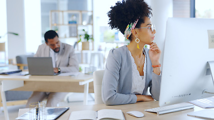 Image showing Business woman, computer and thinking of idea, decision or planning with serious agent in coworking office. Dream, inspiration or professional problem solving for solution, brainstorming or vision