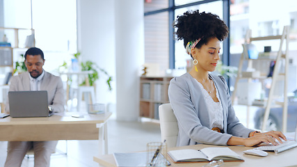 Image showing Business people, working and typing on computer in modern office and coworking or productivity on internet. Happy, man or woman by laptop or developer or online research on design of company website