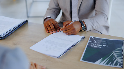 Image showing Business person, hands and writing with documents for contract, signing or signature on office desk. Closeup of employee or intern filling out form, application or paperwork for hiring at workplace