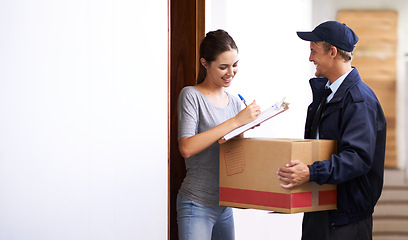 Image showing Delivery, ecommerce and woman sign documents, forms and application for package, parcel and box. Online shopping, paperwork and people with receipt for shipping, supply chain and distribution in home