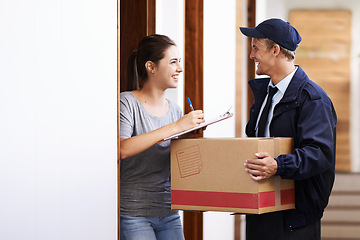 Image showing Delivery man, box and woman sign documents, forms and application for package, parcel and courier. Online shopping, ecommerce and people for shipping, supply chain and distribution receipt in home