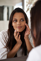 Image showing Woman, check skin in mirror and beauty with morning routine, acne and cosmetic care at home. Skincare, wellness and dermatology with facial glow, reflection and grooming for hygiene in bathroom