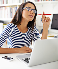 Image showing Student, woman and laptop at library in education, thinking or confused for problem solving at college. Girl, person and computer at university for learning, research or idea with studying for exam