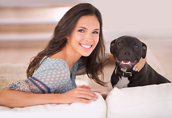 Image showing Dog, portrait or happy woman in home to relax on living room sofa on holiday in house or apartment. Animal care, love or female person with peace, wellness or support on break for bonding with pet