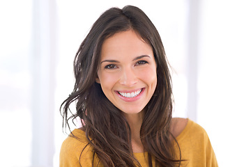 Image showing Portrait, smile or happy woman in home to relax in living room on holiday in hotel, house or apartment. Face, proud or female person with peace, wellness or confidence on break to rest for alone time