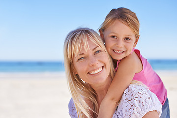 Image showing Portrait, mother and happy kid on beach for holiday, summer or vacation on mockup space with piggyback. Face, mom and smile of girl at ocean for adventure, travel or family bonding together outdoor