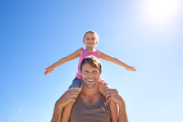 Image showing Portrait, airplane or father and daughter at a beach with love, fun or support on blue sky background. Freedom, piggyback and dad with girl in nature for summer games, travel or flying shoulder games