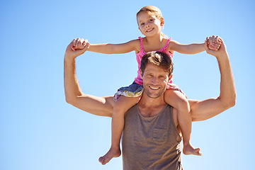 Image showing Airplane, piggyback or father with daughter portrait at a beach for travel, fun or bonding in nature. Love, support dad with girl at the ocean for back ride games, flying or journey freedom in Cancun