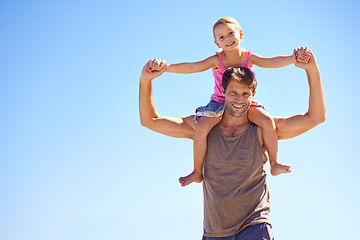 Image showing Holding hands, piggyback or father and daughter portrait at a beach for travel, fun or bonding in nature. Love, support dad with girl at sea for back ride games, airplane or journey freedom in Cancun