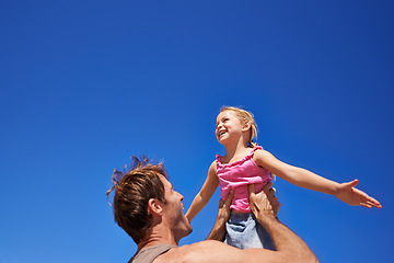 Image showing Fly, father and girl with fun, smile and happiness with family, sky background and weekend break. Outdoor, nature and dad carrying daughter with wellness and support with summer, freedom and play