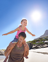 Image showing Airplane, piggyback and father with daughter at a beach for travel, fun or bonding in nature with freedom. Love, support dad with girl at the ocean for back ride games, flying or adventure in Cancun