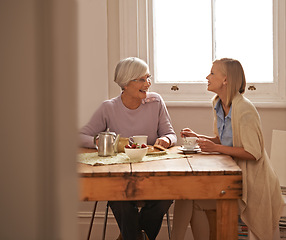 Image showing Family, happy woman and senior mother drinking tea at breakfast, bonding and smile. Laughing, elderly mom and daughter with coffee cup at table, food and listening to funny story at home together