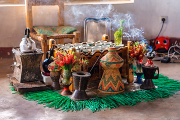 Image showing Ethiopian coffee ceremony with aromatic frankincense. Debre Libanos, Ethiopia