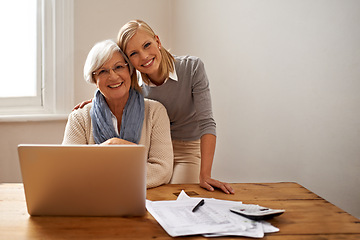 Image showing Grandmother, happy daughter and help with finance, budget and investment of money. Planning, tax and laptop for retirement and expenses, calculating and caring for pensioner or senior citizen