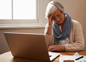 Image showing Senior woman, stress and laptop for finance in home, worry and paperwork for tax return or insurance. Elderly female person, frustrated and documents for retirement plan, fail and mistake in budget