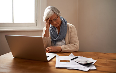 Image showing Senior woman, stress and laptop for bankruptcy in home, worry and paperwork for tax return or insurance. Elderly female person, frustrated and document for retirement plan, fail and mistake in budget