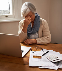 Image showing Senior woman, stress and laptop for eye strain in home, worry and paperwork for tax return or insurance. Elderly female person, frustrated and documents for bankruptcy, fail and mistake in budget